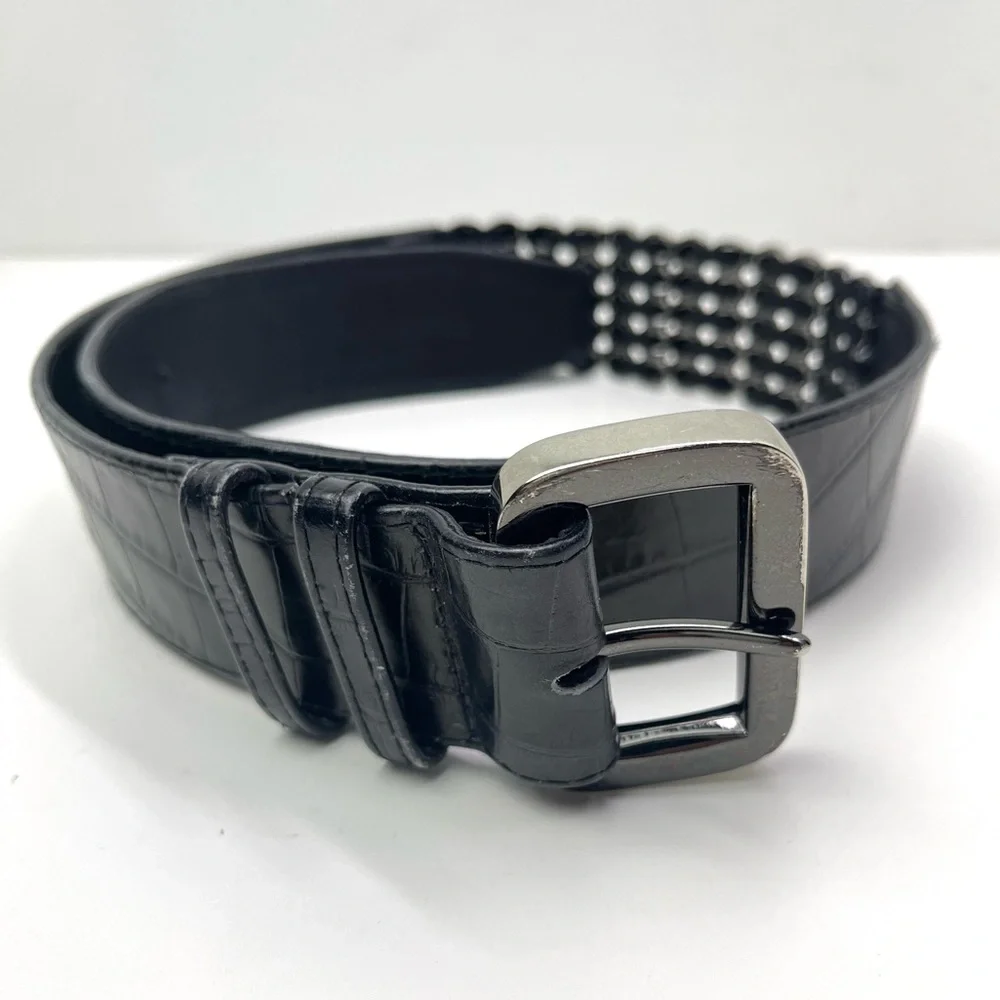 Suzi Roher Women's Black Stretch Embossed Leather Statement Chain Belt